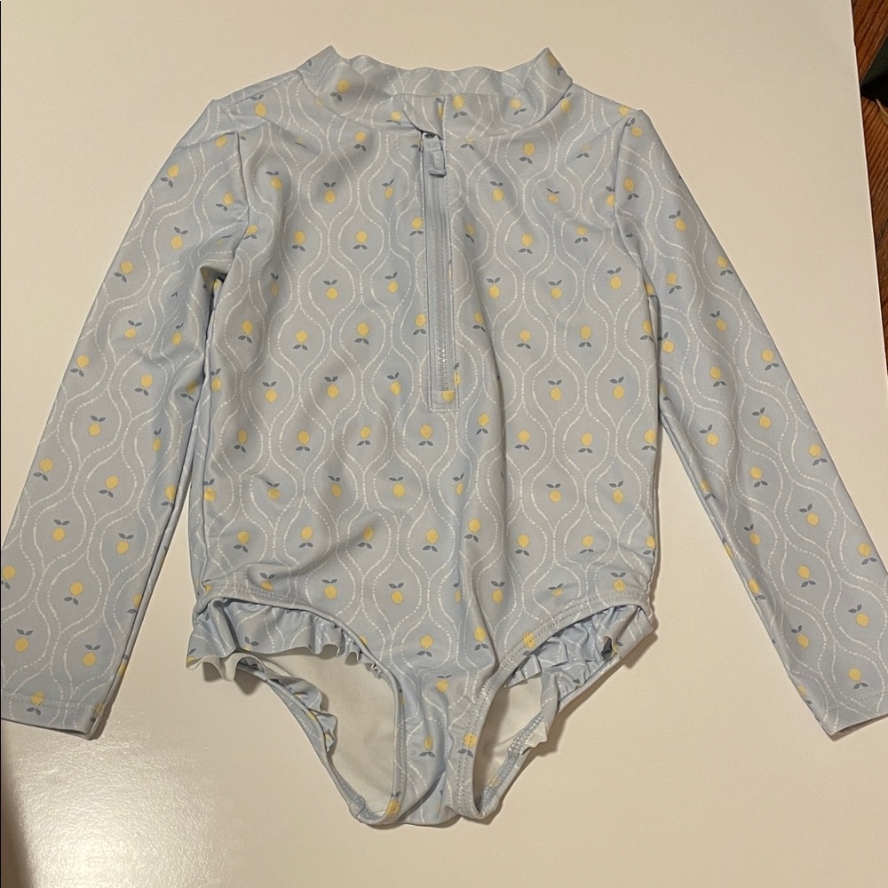 Carters Toddler Girl 4T Sleeve One-Piece Swimsuit Blue Yellow Lemon Front Zip